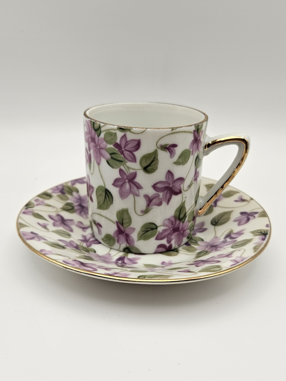 Vintage Lefton China Violet Chintz Demitasse Cup Saucer Set 2120 Purple Gold Tri